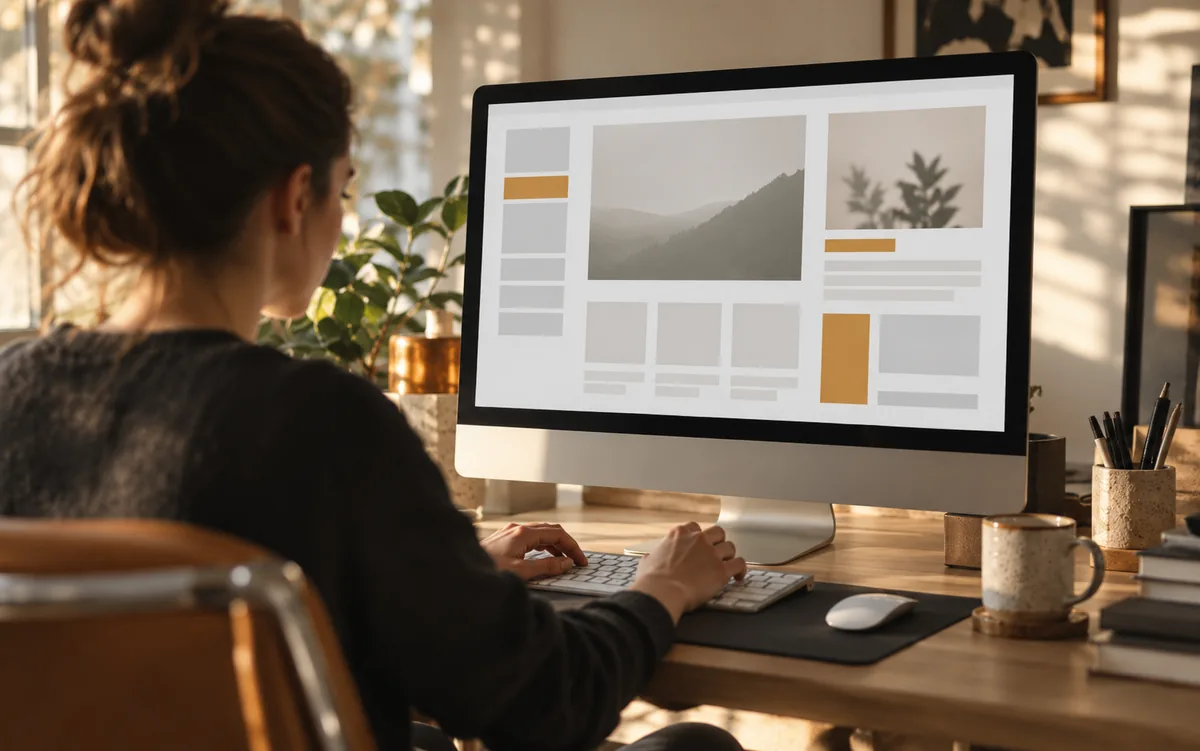 A designer arranging a page layout on a monitor